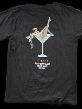 PLAYBOY Black Tee with Pastel Martini Girl Graphic